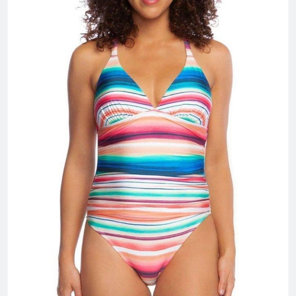 La Blanca Solar Mitered Stripe Tie Cross Back Swimsuit
